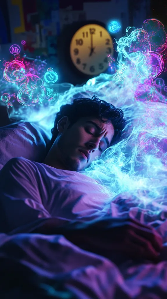 A young man with dark hair sleeps peacefully in bed, enveloped by a glowing, abstract cloud of light. The vibrant blue and pink hues create a surreal and dreamlike atmosphere, suggesting a world of fantasy or imagination. A clock on the wall behind him adds a touch of reality to the scene, but its face is obscured by the luminous haze. The image captures the essence of sleep and the subconscious mind, where dreams and reality intertwine.