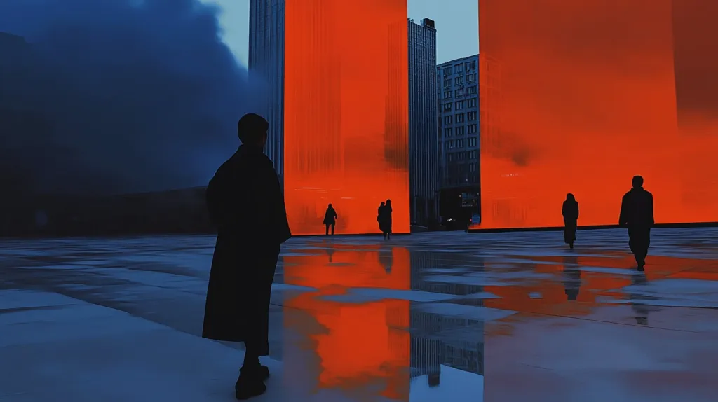 The image shows a person in a coat standing in a reflective, empty plaza. They are facing two tall buildings, one red and one dark blue. The red building reflects on the wet ground, creating a vibrant orange pool in the middle of the plaza. Four other figures are walking in the distance, all silhouetted against the buildings. The scene has a stark, minimal aesthetic.
