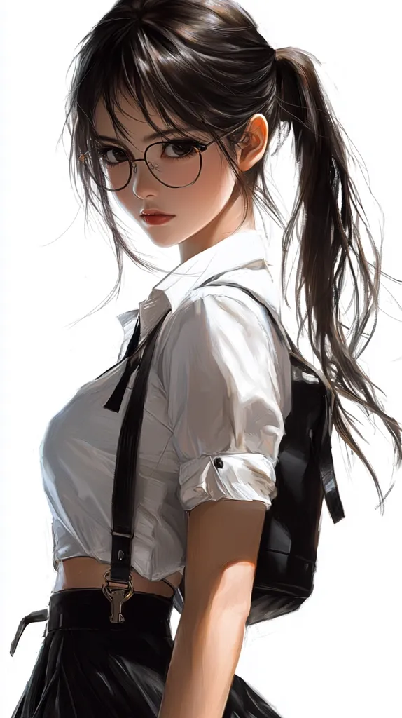 The image is a digital painting of a young woman with long black hair tied back in a ponytail. She is wearing a white shirt, a black skirt, and suspenders. She is also wearing round glasses and has a black backpack on her back. The image has a soft, delicate style. The woman's expression is serious and focused. She seems to be walking with a purposeful gait. The light in the image is soft and diffused.  The overall mood is one of calmness and determination.