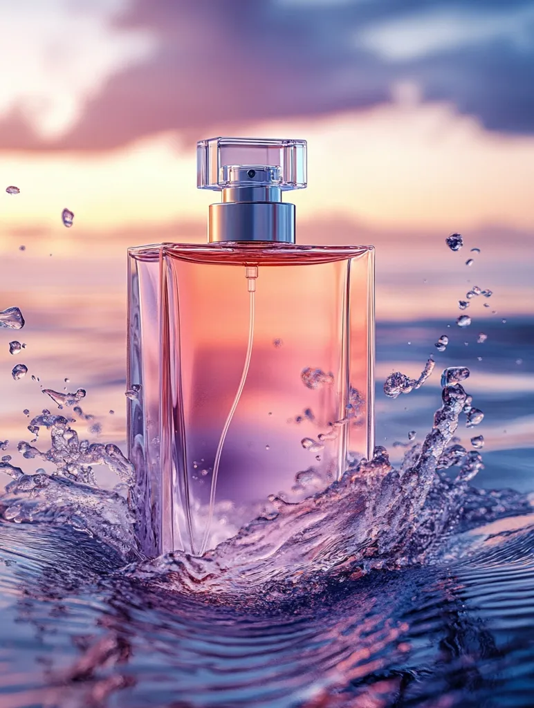 A glass bottle of perfume with a silver cap sits in the middle of a body of water. It is surrounded by a splash of water. The background is a blurry sunset with shades of pink, purple and orange. The perfume appears to be a light pink hue. The glass reflects the colors of the sunset.