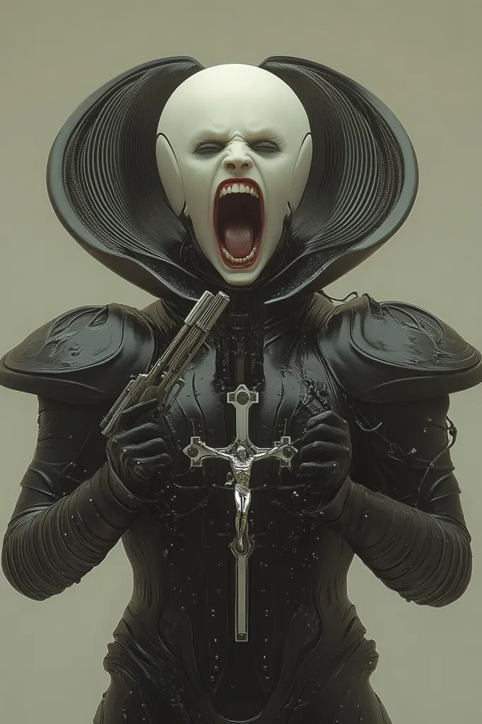 The image depicts a futuristic, androgynous figure in a black, intricate suit, holding a silver cross and a gun. The figure has an elongated head with pale skin, a wide mouth, and a large, black collar. The figure's expression is one of intense emotion, possibly anger or distress. The image's composition and symbolism suggest themes of faith, violence, and perhaps, a conflict between the sacred and the profane.