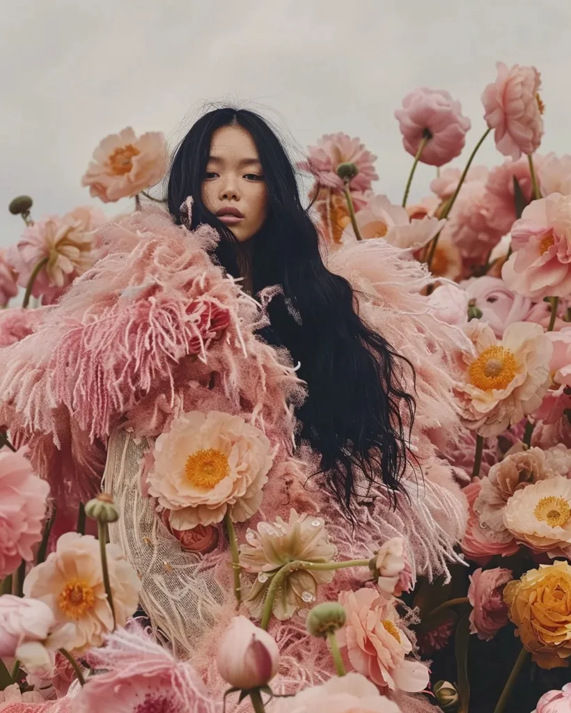 A young woman with long, dark hair stands in a field of pink flowers. She is wearing a light pink, feathery jacket. Her expression is calm and serene. The image is soft and romantic, with a dreamy quality. The flowers are in full bloom and create a beautiful, natural backdrop. The overall effect is one of peace and tranquility.
