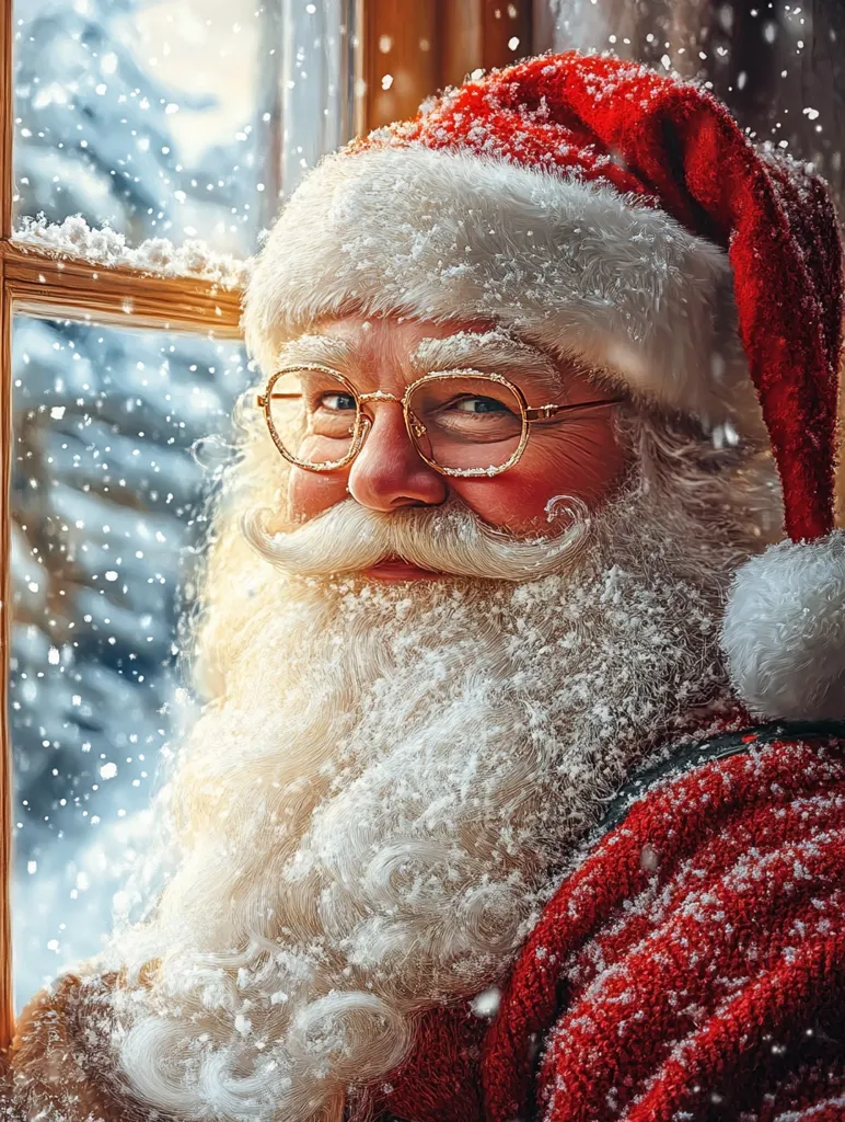 Santa Claus, dressed in his traditional red suit and hat, looks out a window at a snowy winter scene. His white beard is covered in snowflakes, and he wears round spectacles, his eyes twinkling with cheer. He has a warm smile on his face, suggesting a kind and jolly disposition. The image evokes a feeling of winter magic and the anticipation of Christmas.