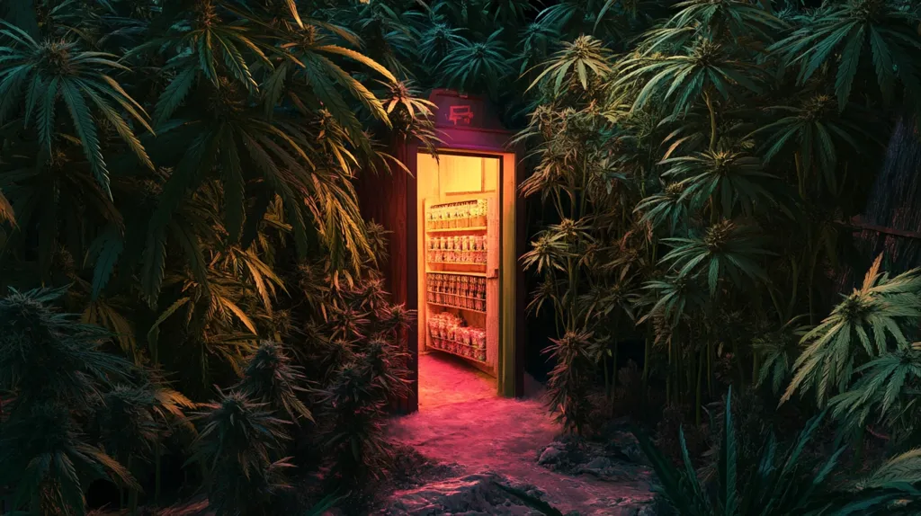 A hidden doorway leads into a dimly lit room, its shelves overflowing with an assortment of items. The entrance is framed by lush green foliage, suggesting a secret location within a dense forest. The glow emanating from the doorway casts an eerie red hue on the surrounding area, hinting at a mysterious and possibly forbidden place.
