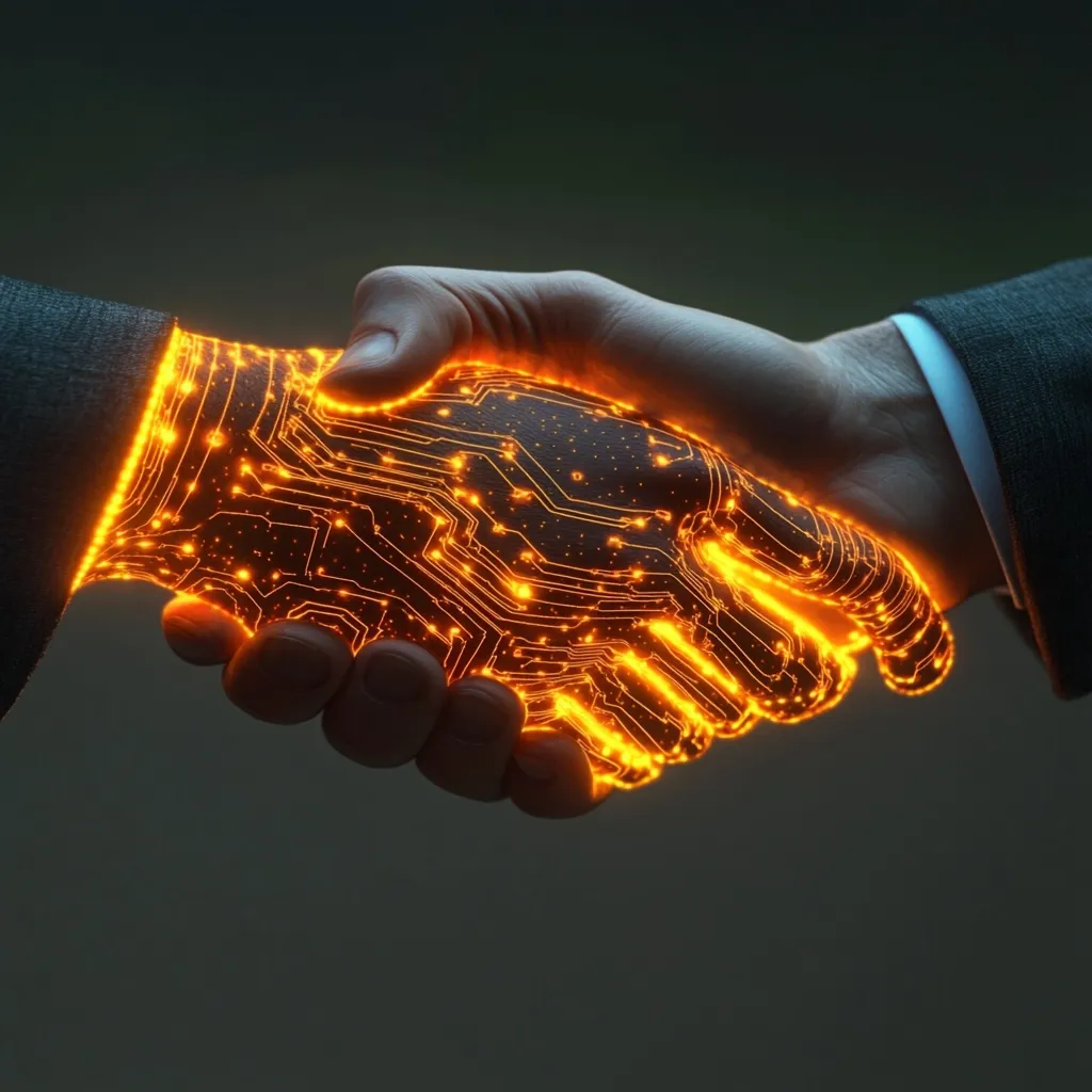 A human hand and a robotic hand are shaking hands. The robot's hand is made of glowing orange circuits, while the human hand is obscured by darkness. The image suggests a partnership between humans and technology. The composition focuses on the handshake, creating a sense of intimacy and connection. The lighting highlights the circuitry of the robot hand, emphasizing its technological nature. The image evokes a sense of futuristic collaboration and the potential for humans and technology to work together.