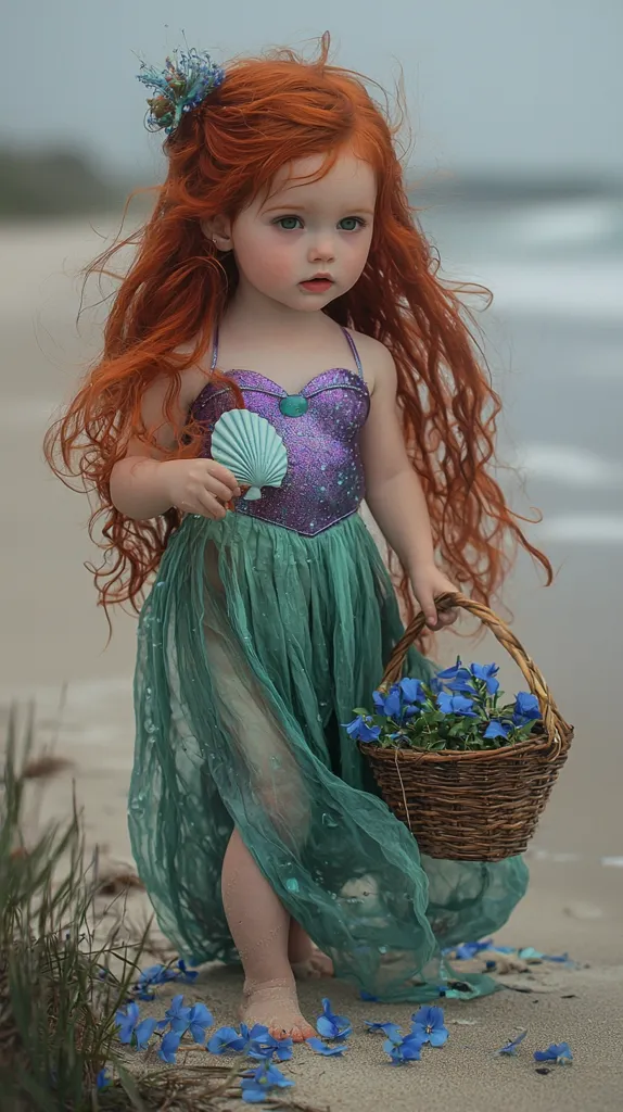 A young girl with long, red hair stands on a sandy beach, dressed in a green and purple mermaid costume. She is holding a seashell and a wicker basket filled with blue flowers. The girl's expression is sweet and innocent, and she appears to be enjoying her time by the sea. The image is soft and whimsical, with a dreamy and ethereal quality.