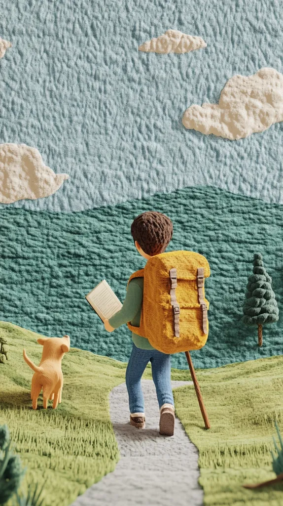 A person with a backpack and a walking stick is walking down a path with a dog following behind them. They are walking through a green landscape with a blue sky above, with puffy clouds, made to look like it is made of felt. The path is light grey and is winding through a field. There is a small green bush to the right of the path.  The scene is a 3D rendering.