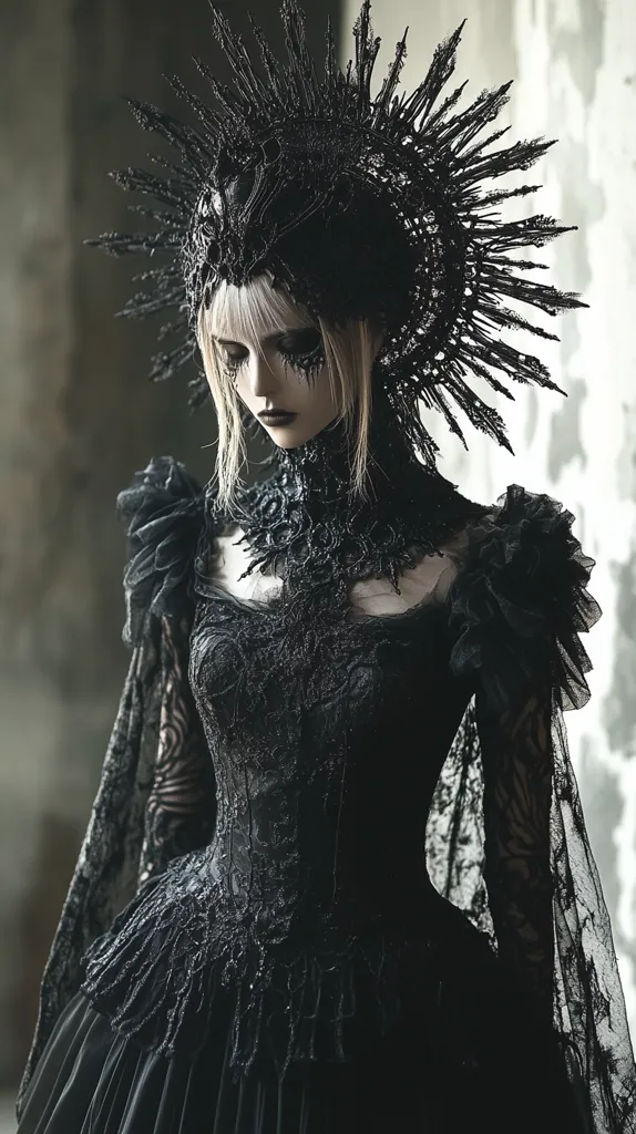 A woman in a black gothic gown stands against a textured wall, her face partially obscured by a large, spiky headdress. The dress is intricately designed with lace and ruffles, while the headdress resembles a crown of thorns, emphasizing a dark, mysterious aura. The overall mood is one of gothic elegance and haunting beauty.