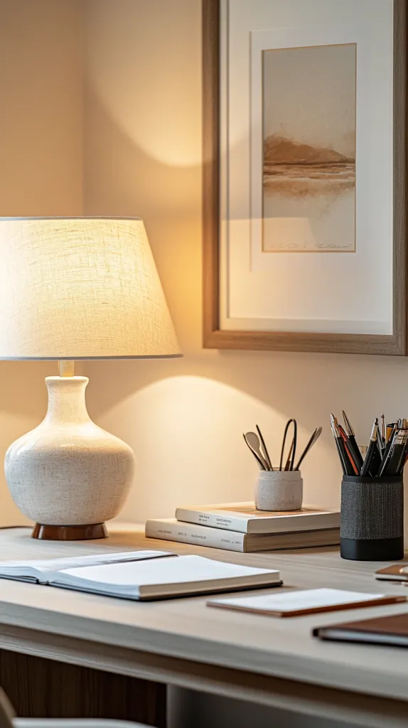 A minimalist desk with a lamp, framed artwork, and a stack of books. The lamp is casting a warm glow on the desk and a notebook sits open on the surface. There is also a pencil holder with pens and pencils, and some other stationery. The scene is clean and inviting.