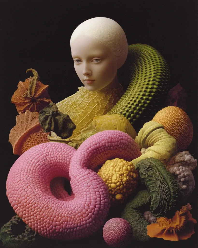A porcelain doll with a pale complexion and a serene expression is adorned with an array of intricate, organic-looking sculptures. The sculptures feature a range of textures, colors, and shapes, including a vibrant pink ring, a green serpent, and a yellow flower. The background is a dark, undefined space that emphasizes the sculptures' vividness. The overall composition evokes a surreal and dreamlike atmosphere.