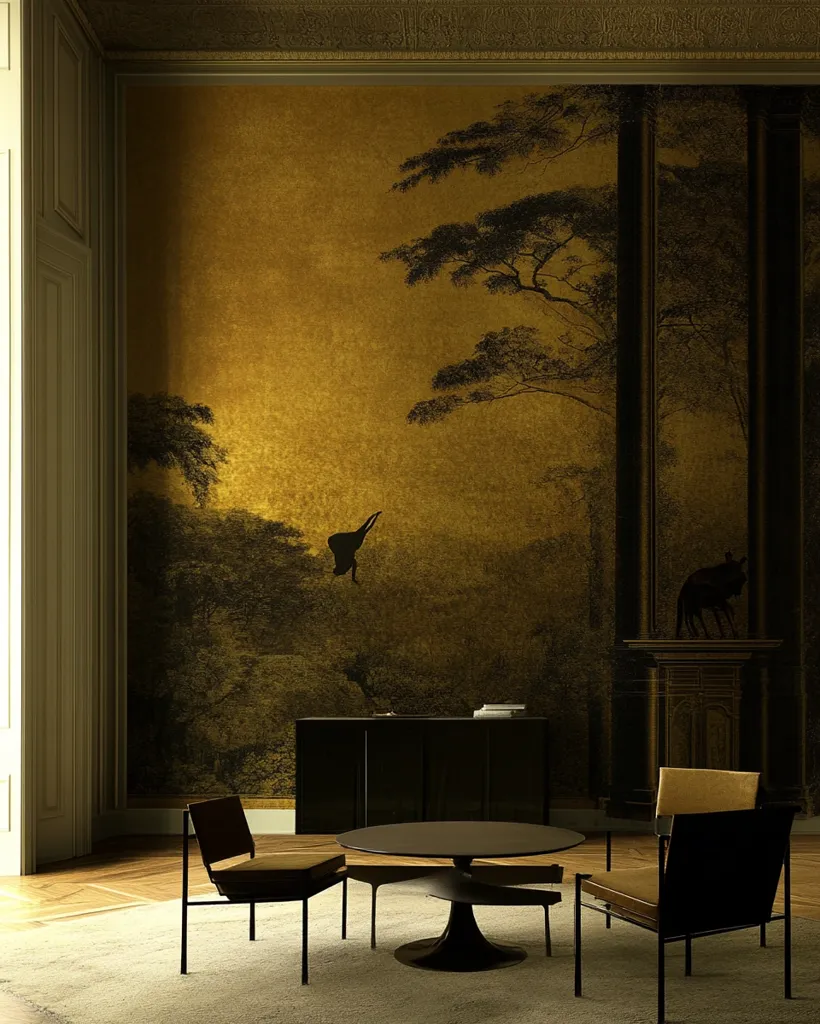 The image shows a room with a large wall mural depicting a silhouetted forest scene against a gold background. The mural features a large tree with branches reaching up, a lone figure in the distance, and two dark, imposing pillars. The room itself is sparsely furnished, with a black cabinet, a round coffee table, and three black chairs with brown cushions. The overall tone of the image is dark and mysterious, with a sense of grandeur and isolation.