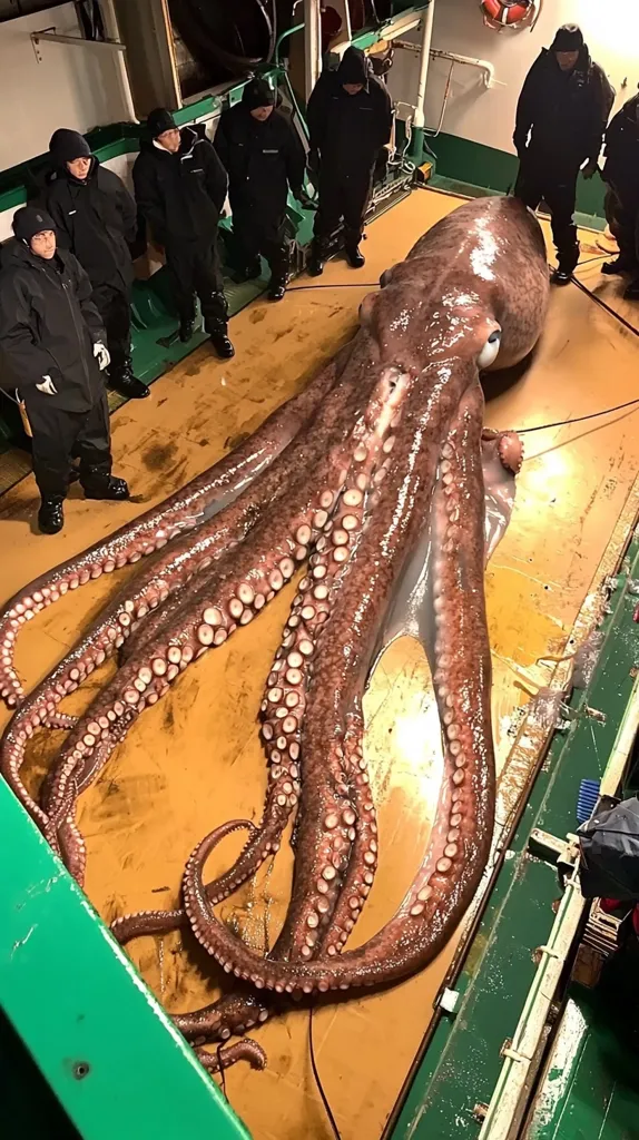 A giant octopus lies on the deck of a boat, its tentacles spread out, its body glistening. It is surrounded by several men in dark clothing, who are dwarfed by the octopus' size. The deck is brown and green, and there is a life preserver visible in the background. The scene suggests a rare and remarkable catch, and the men's expressions convey a mixture of awe and wonder.