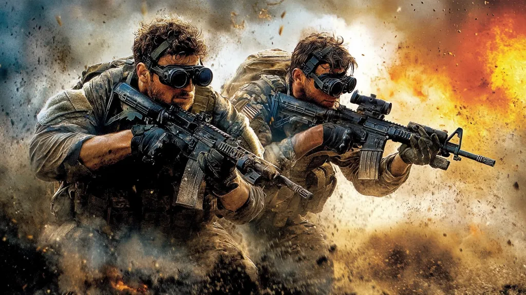 Two soldiers, clad in camouflage gear and armed with rifles, are engaged in a firefight amidst a chaotic backdrop of smoke and explosions. The soldiers, faces obscured by goggles and determined expressions, are focused on their target, highlighting the intensity and danger of the situation. The image captures the raw power of combat and the courage of those who serve.