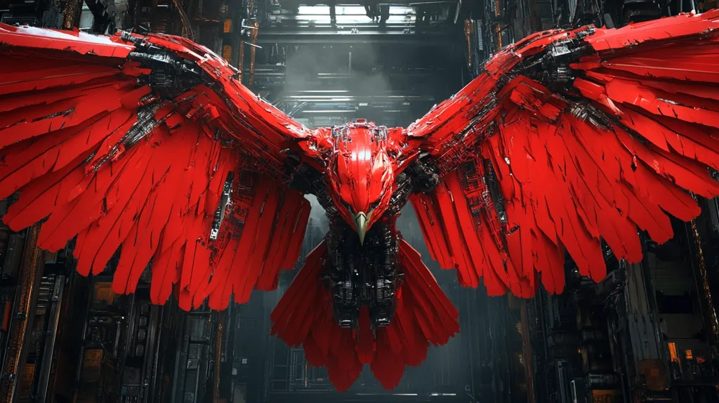 A large, mechanical bird with red wings made of sharp, metallic feathers hovers in the air. The bird's body is a complex network of gears and wires, and its head is a menacing mask with a beak. The background is a dark, industrial setting, suggesting the bird is a powerful and dangerous force.  The image evokes a sense of both beauty and danger.
