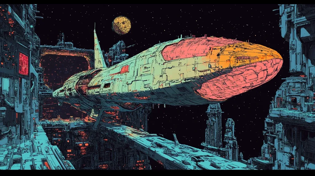 A futuristic spaceship hovers over a sprawling cityscape against a backdrop of stars and a distant planet. The spaceship is a sleek, angular design with a vibrant color scheme of pink, teal, and yellow. The city below is intricate and complex, with towering buildings and intricate structures that seem to stretch into the sky. The artwork evokes a sense of awe and wonder, showcasing a world of advanced technology and endless possibilities.