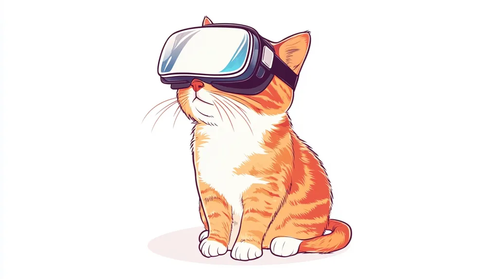 The image shows a cartoon ginger cat wearing a VR headset. It has a white chest and orange stripes. The cat is sitting on a white background and looking upwards with its mouth slightly open, suggesting it is experiencing something in the virtual world.  The cat has a surprised and curious expression.  The image is a lighthearted depiction of a cat exploring virtual reality.