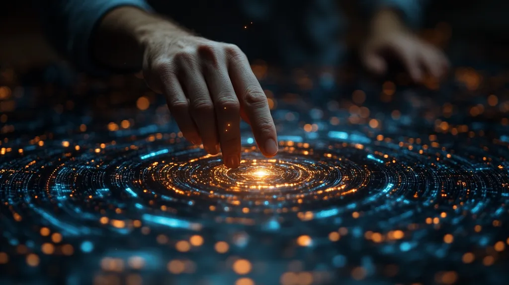 A hand reaches down towards a shimmering, digital surface. The surface is made up of countless glowing blue and orange particles, swirling in concentric circles. The hand's fingertip is pointed directly at the center of the swirling energy, where a bright light emanates. The image evokes a sense of technology, exploration, and potential.
