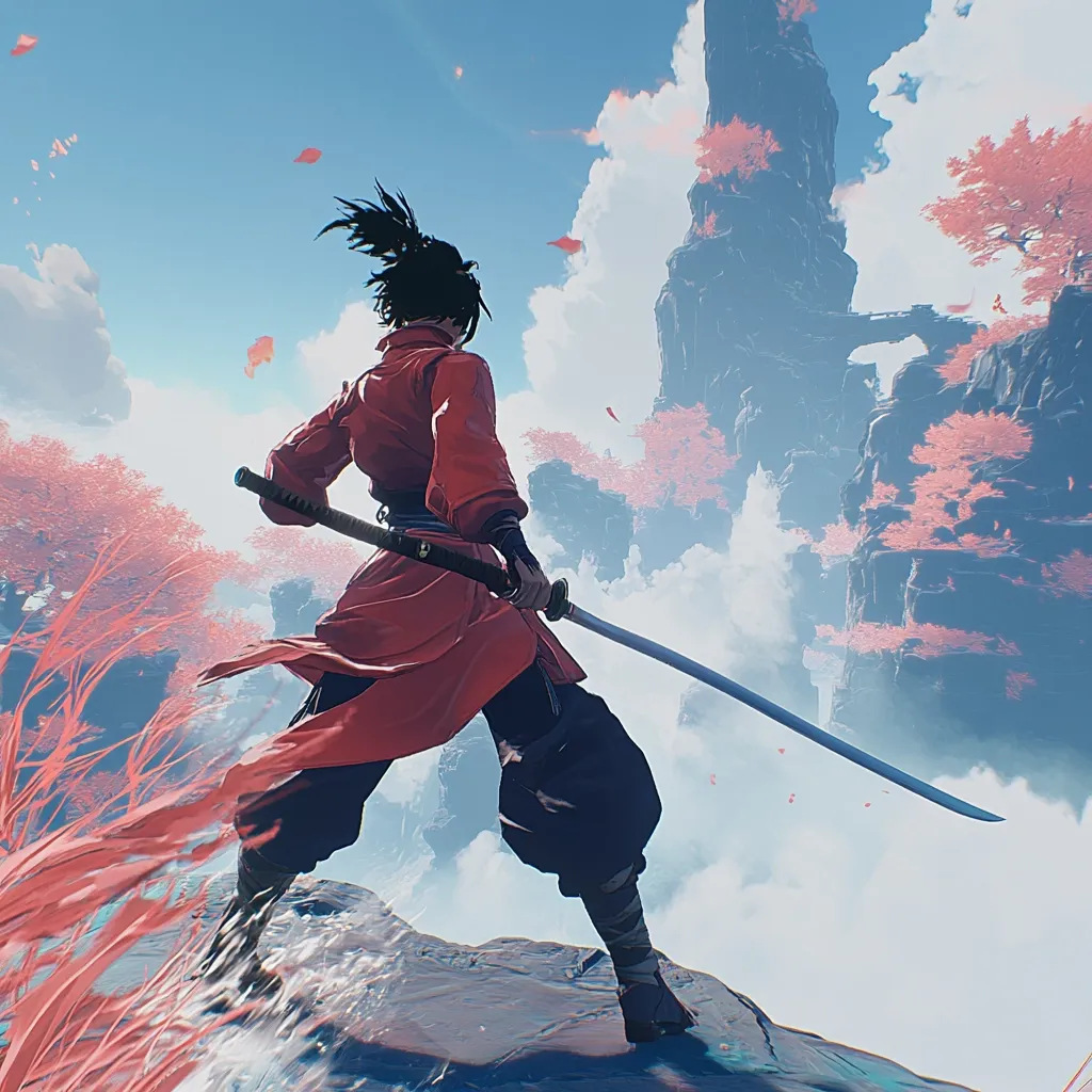 A lone samurai, clad in red, stands atop a rocky cliff, his back to the viewer. He holds a katana, its blade extending across the frame.  The sky is filled with fluffy white clouds, and a backdrop of floating islands covered in cherry blossoms. The scene evokes a sense of serenity and strength.