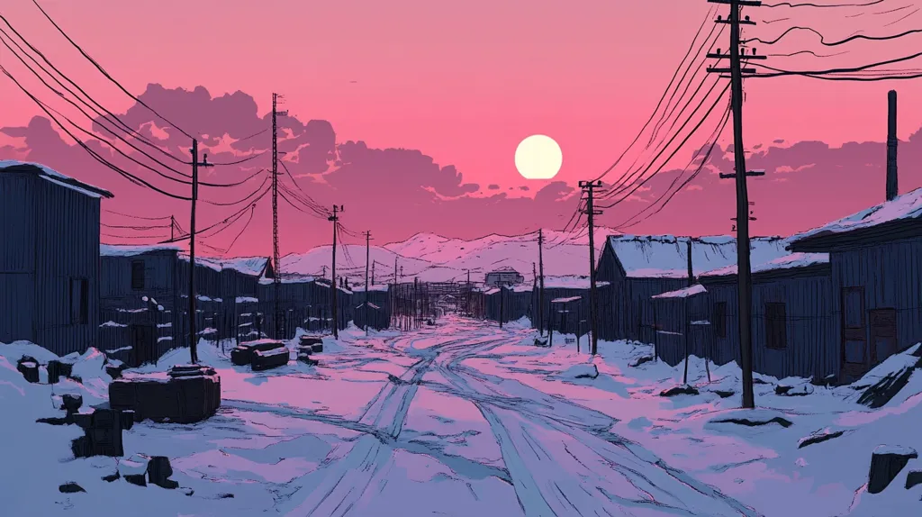 The image depicts a snow-covered street lined with small, simple houses, their silhouettes outlined against a vibrant pink sunset. Power lines crisscross the sky, stretching towards the horizon. A large, white sun hangs in the sky, casting a warm glow over the scene. The image conveys a sense of quiet solitude and the beauty of a snowy landscape.
