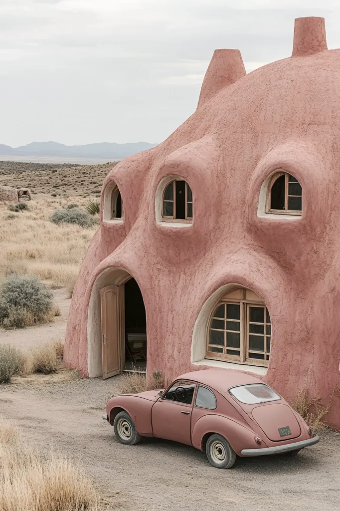 A dusty, pink, dome-shaped house with arched windows sits in a desert landscape. A vintage, red car is parked in front of the house, the only sign of life in the vast, dry surroundings. The house appears to be made of adobe or a similar material, giving it a unique and rustic look.  The car and the house are both bathed in the soft, warm light of a cloudless sky.