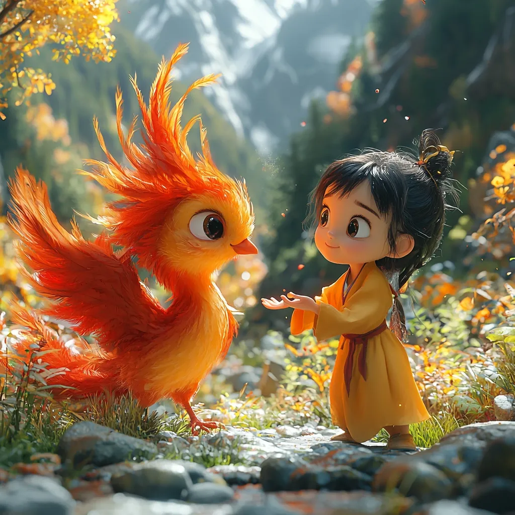 A young girl with long black hair and a yellow dress stands with her hand outstretched towards a small, orange and yellow bird with large, curious eyes. They stand amidst a backdrop of lush green foliage, fallen leaves, and a mountain range. The scene evokes a sense of wonder and innocence.  The girl and bird appear to be friends, enjoying each other's company.