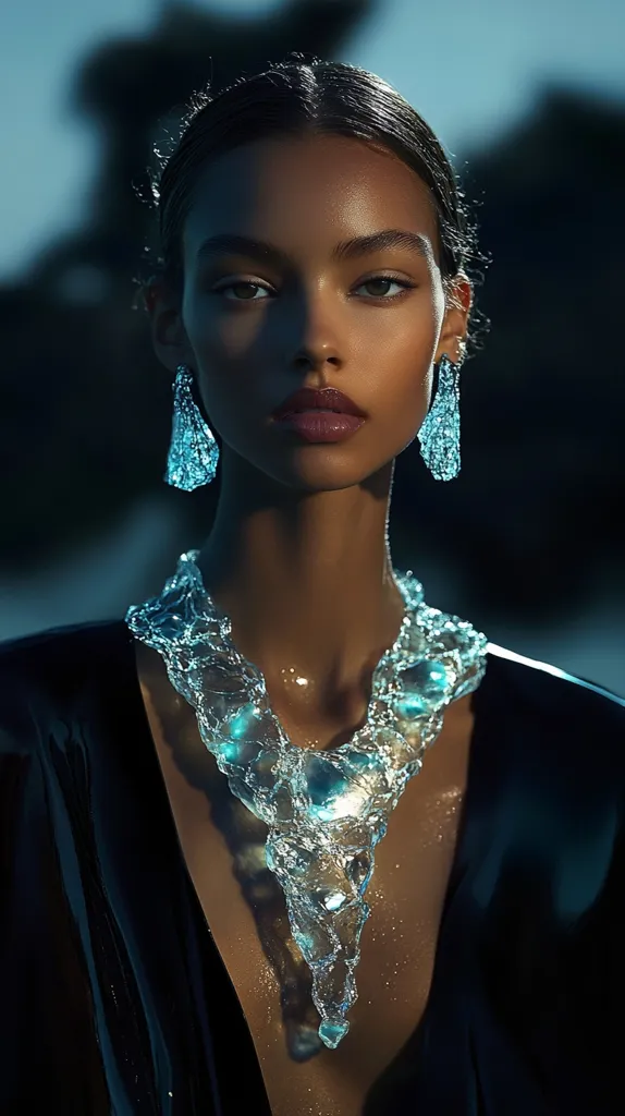 A woman with dark hair and a  smooth complexion wears a dramatic, icy blue necklace and earrings. The necklace is a chunky, intricate design that resembles frozen water. She is dressed in a black top, and the background is blurred. The image is lit from the front and the side, highlighting her features and the jewelry.  Her expression is neutral.