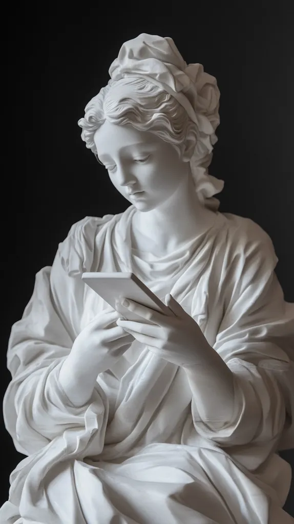 The image shows a white marble statue of a woman, draped in flowing robes. She is holding a rectangular object, possibly a book or a mirror, in her hands. The statue is set against a dark background, which highlights the details of the sculpture and creates a sense of depth. The woman's face is serene and thoughtful, her eyes cast downward in contemplation. The overall impression of the image is one of quiet beauty and timeless elegance.