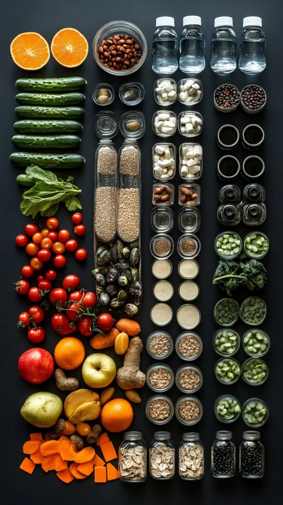 The image showcases a variety of food items arranged neatly on a dark surface. It includes fresh produce like cucumbers, tomatoes, oranges, and apples, as well as processed items like oats, nuts, and beans.  There are also various containers filled with different ingredients, creating a visually appealing and diverse display. The items are arranged in a symmetrical grid, making it a well-composed and visually appealing image.