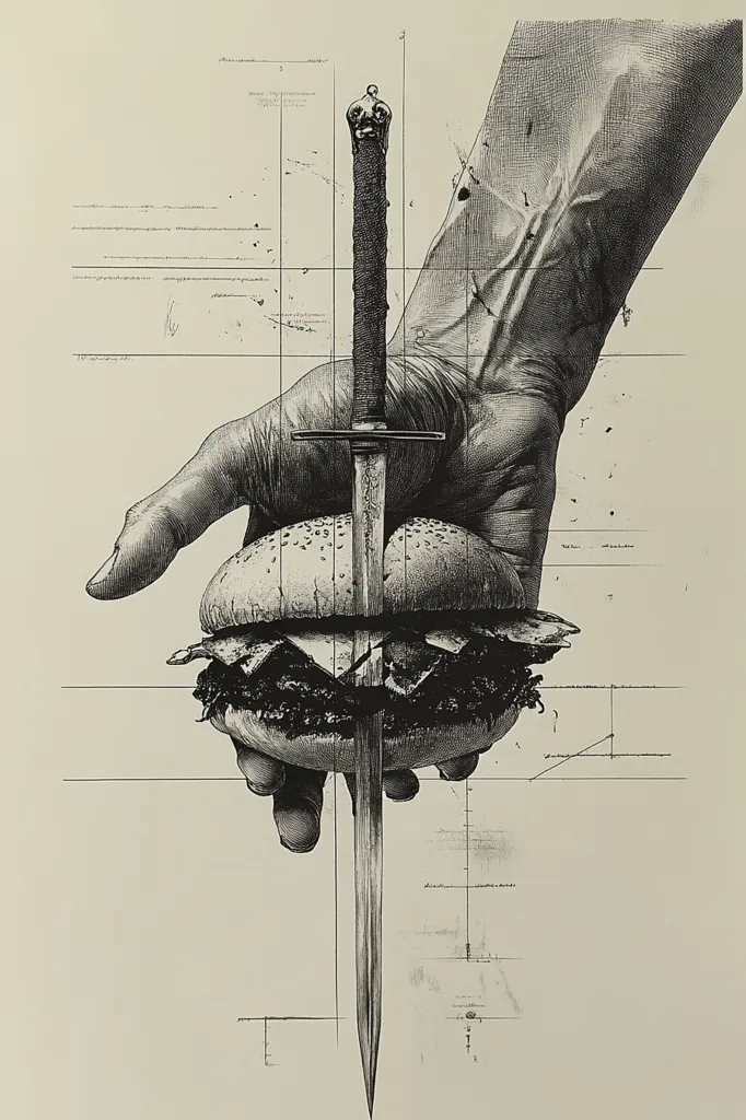 The image is a black and white drawing. A hand holds a large, detailed hamburger. A dagger is being held through the center of the hamburger. The dagger has a sharp point and a cross guard at the top. The image is on a background of faded gray lines. The hand is drawn in a realistic style, with the veins and tendons visible. The hamburger is also drawn realistically, with the details of the meat, cheese, and lettuce. The image is a commentary on the violence of the modern world.