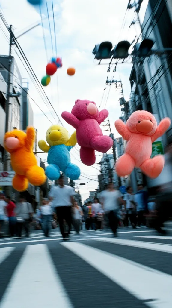 Four large, colorful stuffed teddy bears fly in mid-air above a city street.  There are several colorful balloons floating above the bears.  The background is a busy city street with a crowd of people blurred in motion as they cross a crosswalk. The sky is partly cloudy and a few buildings are in the background.