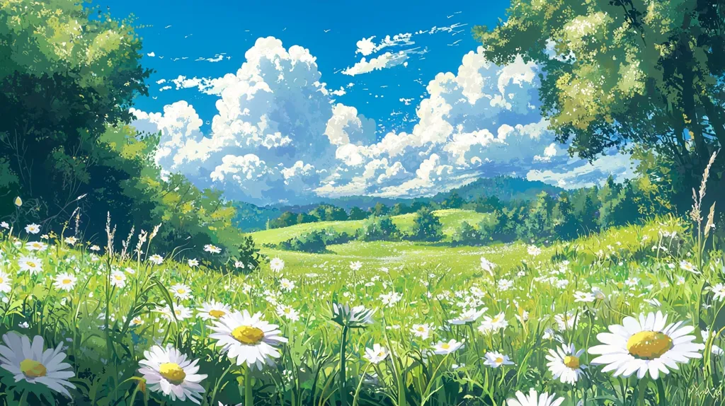 A picturesque scene of a field brimming with white daisies, bathed in the warm glow of a sunny day. Fluffy white clouds drift across a bright blue sky, casting delicate shadows on the verdant landscape. Lush green trees line the horizon, creating a sense of tranquility and peace. The image captures the beauty of a simple yet idyllic summer day.