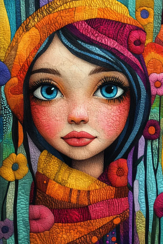 The image is a close-up portrait of a young woman with blue eyes and long black hair. She is wearing a colorful scarf, likely made from fabric scraps, with intricate details. The background is a tapestry of bright colors, creating a vibrant and abstract setting.  The style is reminiscent of a folk art quilt, with a handmade and textured feel.