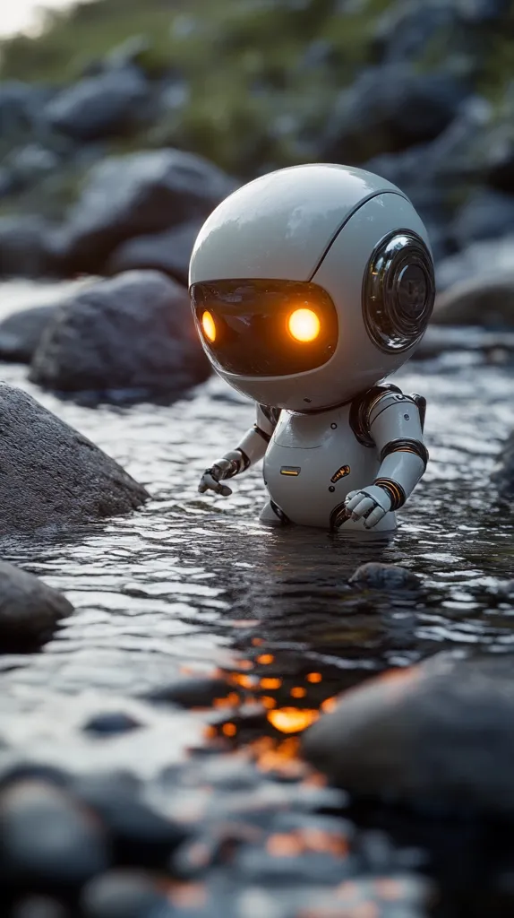 A small white robot with glowing orange eyes stands partially submerged in a shallow stream. It's surrounded by rocks and the water reflects the soft light.  Its metallic, rounded body and arms with intricate details suggest a futuristic design. The robot's presence in this natural setting creates a sense of mystery and wonder.