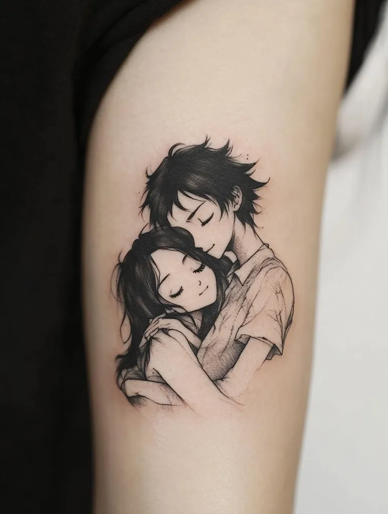 The image shows a black and white tattoo of a man and woman embracing. The man has his arms around the woman and his head is resting on hers. The woman has her eyes closed and is smiling. The tattoo is done in a realistic style and is located on the upper arm. It is a beautiful and meaningful tattoo that is sure to be cherished by the owner.