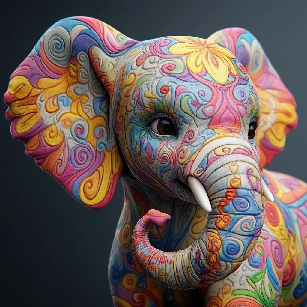 The image shows a close-up of a colorful elephant, its skin adorned with intricate floral patterns and swirls. The vibrant colors, including pink, yellow, blue, and green, create a mesmerizing and playful effect. The elephant's large, expressive eyes and detailed trunk add to its charm, suggesting a whimsical and joyous spirit. The overall image evokes a sense of celebration and wonder.