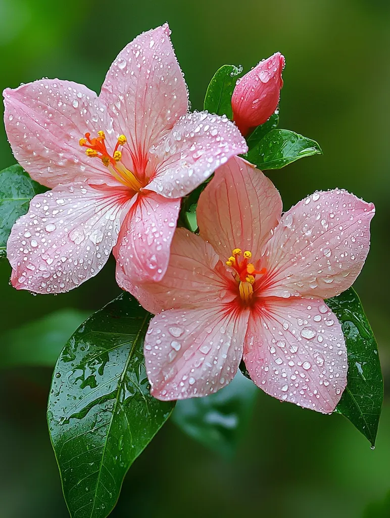 Two delicate pink hibiscus flowers with yellow centers are covered in glistening water droplets.  They bloom against a backdrop of lush green leaves, suggesting a recent rainfall.  The flowers appear fragile and ethereal, their beauty enhanced by the natural elements.