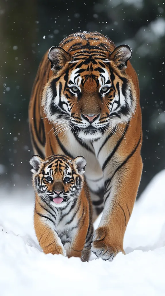 A mother tiger and her cub walk through a snowy forest. The mother tiger is large and powerful, her stripes clearly visible against the white background. The cub, small and playful, follows closely behind. The snow falls softly around them, creating a magical winter scene.  The cub is looking straight at the camera with its tongue sticking out.
