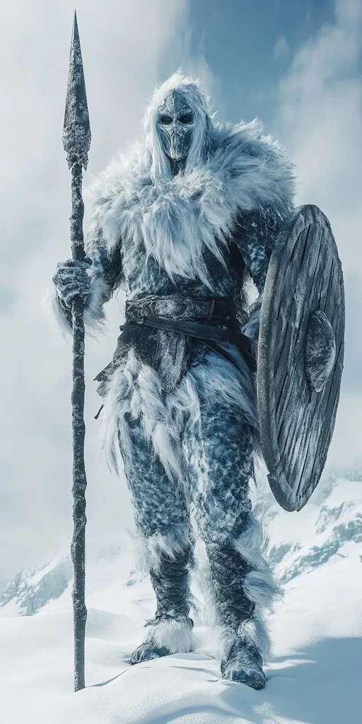 A figure covered in ice and snow stands in a snowy landscape. They wear a helmet with a skull-like design, fur-lined armor, and hold a spear and shield. Their appearance evokes a sense of cold and power, as if they are a warrior from a frozen world.
