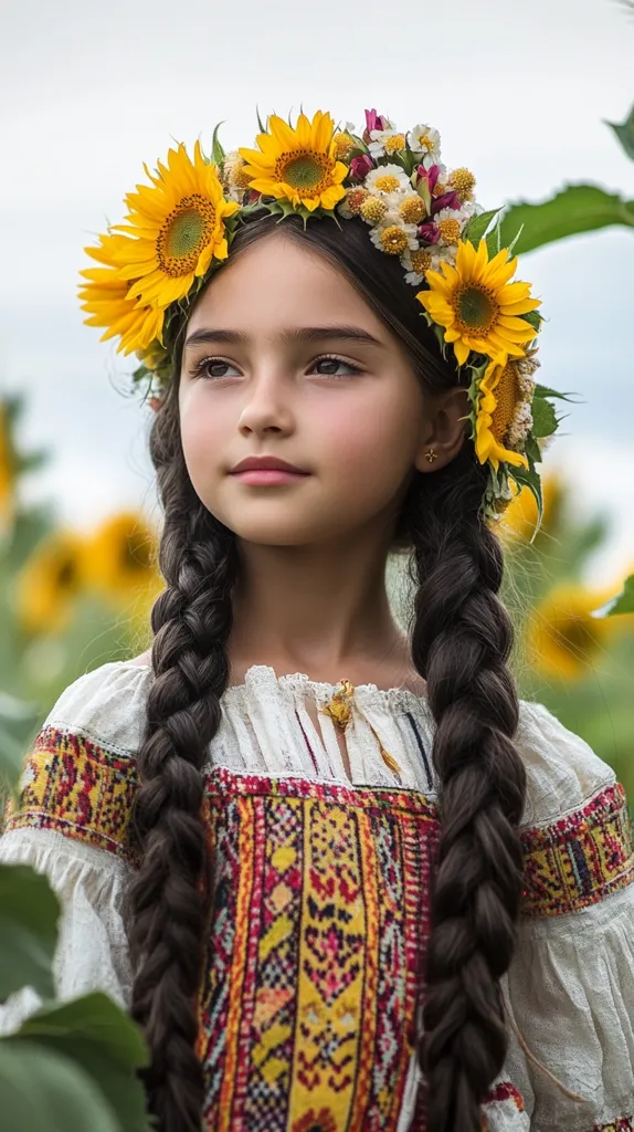 A young girl with long, dark braids wears a crown of sunflowers and small white flowers. Her eyes are wide and her expression is thoughtful. She is wearing a traditional white embroidered blouse and looking off into the distance.  The background is blurred with a field of sunflowers.  The image has a soft, dreamy feel.