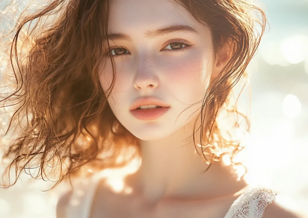The image shows a young woman with long, wavy brown hair. She is looking directly at the camera with a soft expression on her face. Her skin is fair and smooth, and she has light brown eyes. The sun is shining on her, highlighting her features. She is wearing a white, lace-trimmed top. The image is soft and romantic.