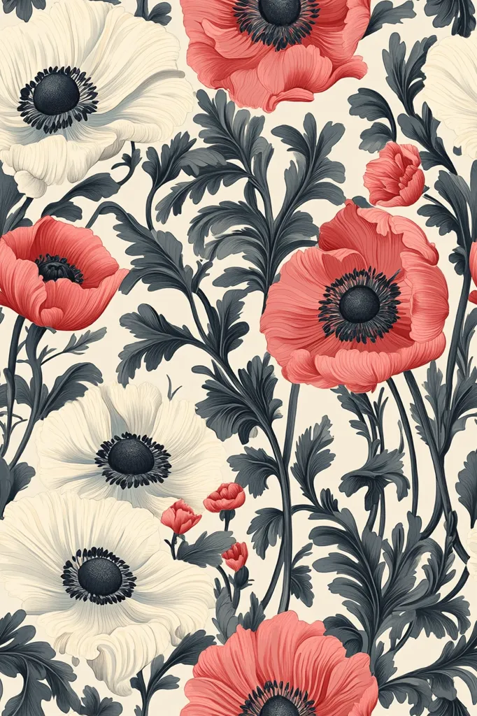 The image is a floral pattern with white and pink flowers. The flowers are layered with dark grey leaves on a cream background. The flowers have dark centers and the leaves are detailed with a feathery appearance. There is a delicate and soft feel to the pattern.
