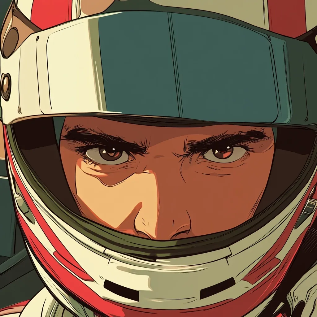 The image depicts a close-up of a race car driver wearing a white and red helmet. His intense gaze through the visor reveals a determined expression, with furrowed brows and focused eyes. The sharp lines and bold colors of the illustration create a sense of speed and excitement.  The driver's determined expression suggests a focus on winning and overcoming any obstacle.
