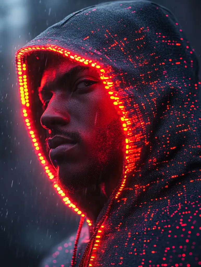 A young man with dark skin wears a black hoodie with red LED lights around the hood. The lights illuminate his face and create a dramatic effect. The background is dark and blurred, suggesting a rainy night. The image has a futuristic and slightly mysterious tone. The man's expression is intense and his eyes are focused on something off-camera.