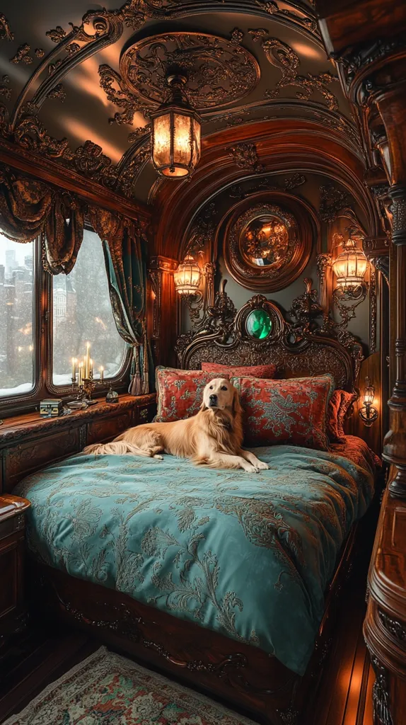 A golden retriever dog lies on a luxurious bed with an ornate headboard in a richly decorated room with dark wood accents. The bed is covered in a teal and gold patterned duvet and the walls are adorned with intricate moldings and a large ornate mirror. The room is lit by a chandelier and sconces, creating a warm and inviting atmosphere.  A window with a view of a snowy cityscape looks out from the room.  The image evokes a sense of elegance and comfort.