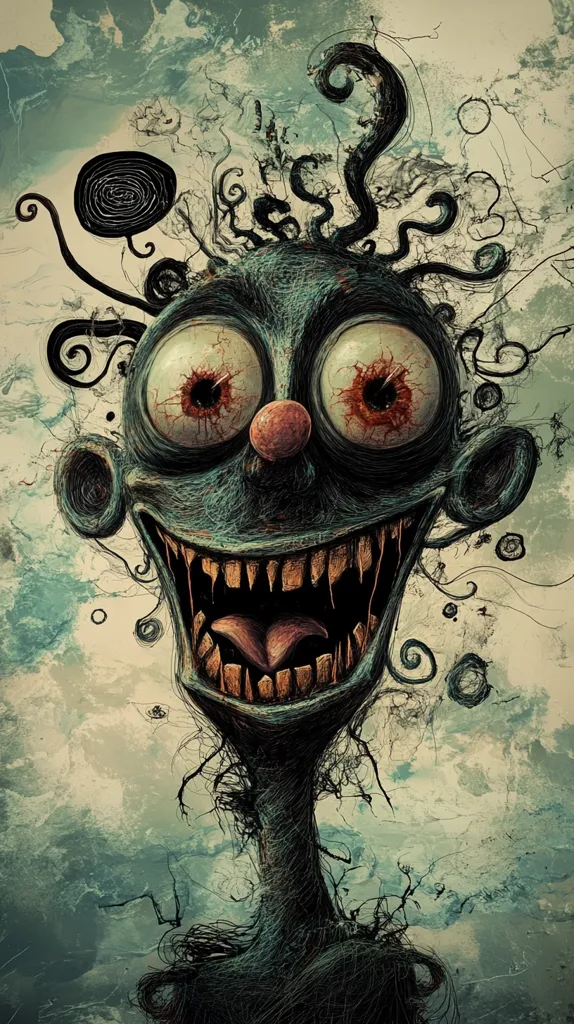 The image depicts a grotesque, cartoonish creature with a wide, toothy grin and bulging, bloodshot eyes. Its body is a mass of swirling, dark lines and textures, giving it a disturbing and unsettling appearance. The creature's expression is one of manic glee, suggesting a sinister and potentially harmful nature. The overall tone of the image is dark and unsettling, leaving a lasting impression of unease.