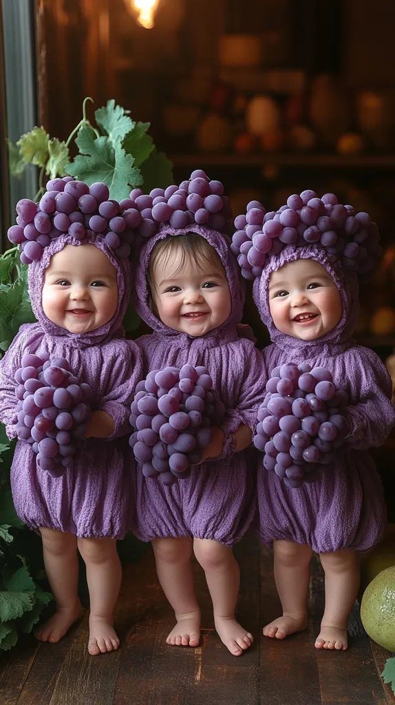 Three adorable babies, dressed in matching purple outfits, are wearing grape headbands and holding bunches of grapes. They are standing on a wooden floor and smiling cheerfully at the camera.  Their outfits and accessories are reminiscent of a grape harvest, creating a playful and whimsical image.