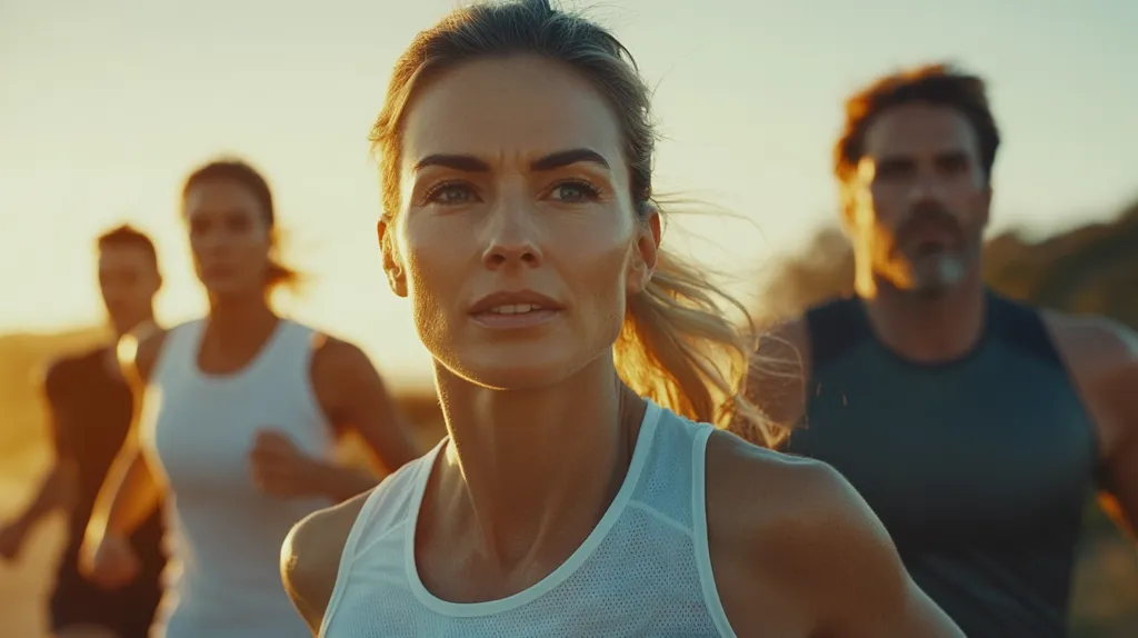 A woman with long blonde hair is running towards the camera, her face is focused and determined. She is wearing a white tank top and her hair is pulled back in a ponytail. There are two other people running behind her, a woman in a white tank top and a man in a dark tank top, they are out of focus and appear to be in the background. The image is bright and sunny, with a golden light filtering through the air. The overall tone of the image is one of energy and determination.