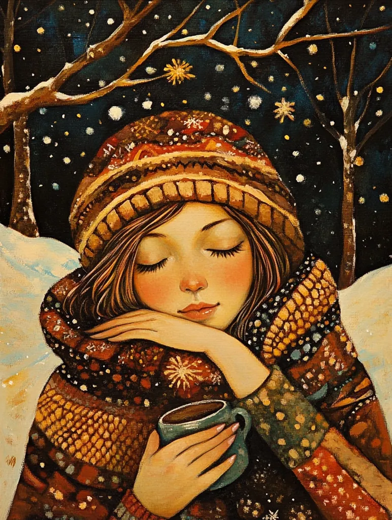 A young woman with long brown hair is wrapped in a warm patterned scarf and a knitted hat. She holds a cup of hot chocolate in her hands and looks down with her eyes closed. The snowy background features trees and twinkling stars, creating a cozy and wintery scene.  The painting evokes a sense of peace and warmth.