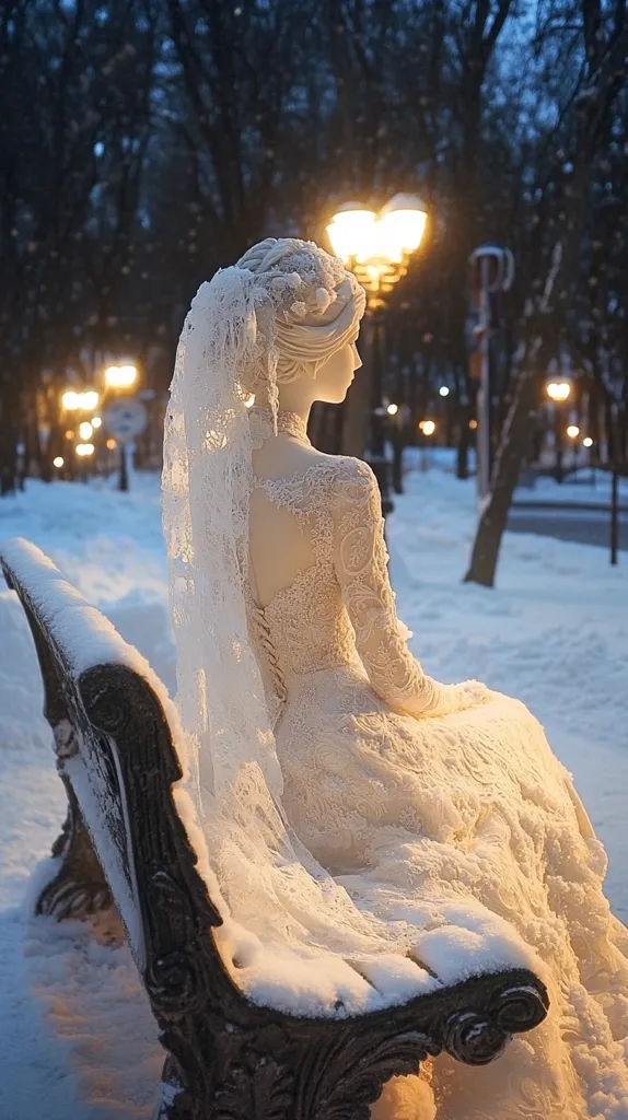 A bride in a white lace gown sits alone on a snow-covered bench in a wintry park. The scene is lit by the soft glow of street lamps, casting a warm, magical light. The bride's veil billows in the wind, creating a romantic and ethereal atmosphere. The snowy landscape adds to the sense of peace and tranquility, making the image a beautiful and poignant representation of winter weddings.