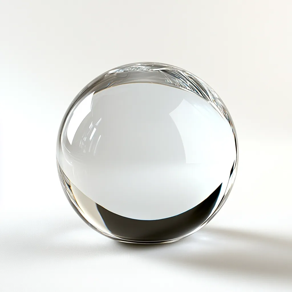 A perfectly round, transparent glass orb sits on a white surface, casting a subtle shadow. The orb reflects the surrounding environment, creating a distorted image of the space behind it. Its smooth, glassy surface reflects light, adding a subtle shine to the overall composition.